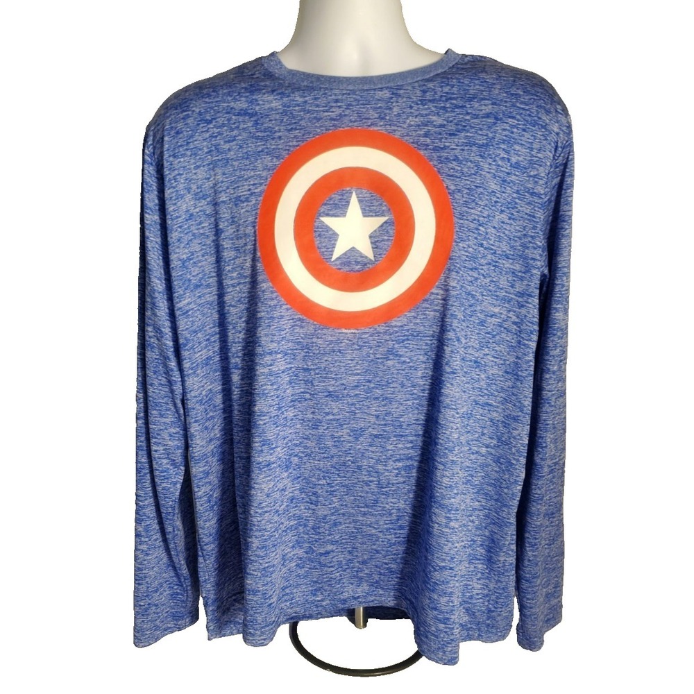 Captain America Shield T-Shirt Men's 2X Blue AVENGERS Marvel Comics Long Sleeves